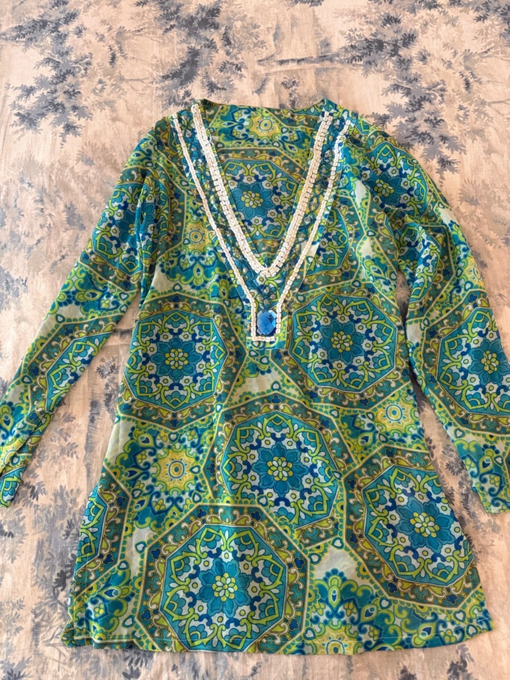 Green & Blue Beaded V-Neck Tunic